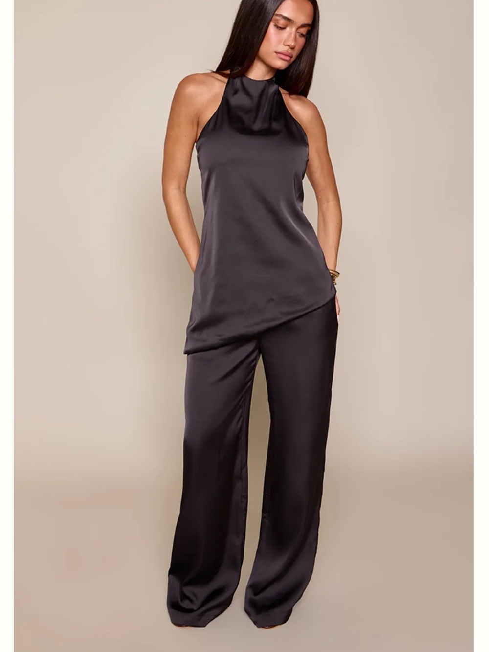 PrettyLittleThing Black Satin Halter Neck Wide Leg Set